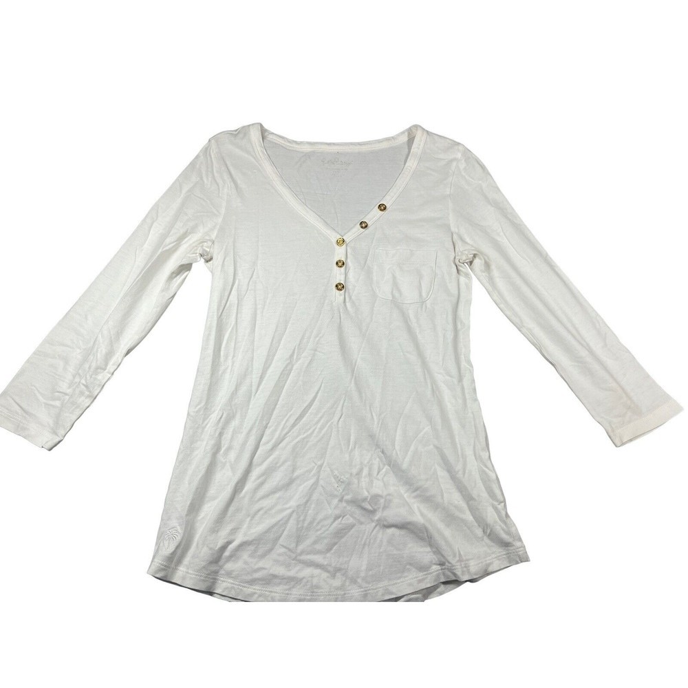 lilly pulitzer white top with gold buttons‎ Pima cotton v neck XS